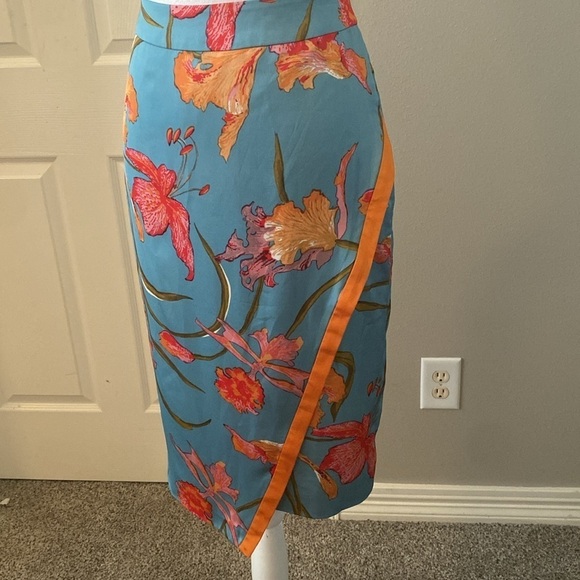 Anthropology Yoana Baraschi Blue and Orange Tropical Floral Cotille Wrap Skirt 6 - Picture 4 of 10